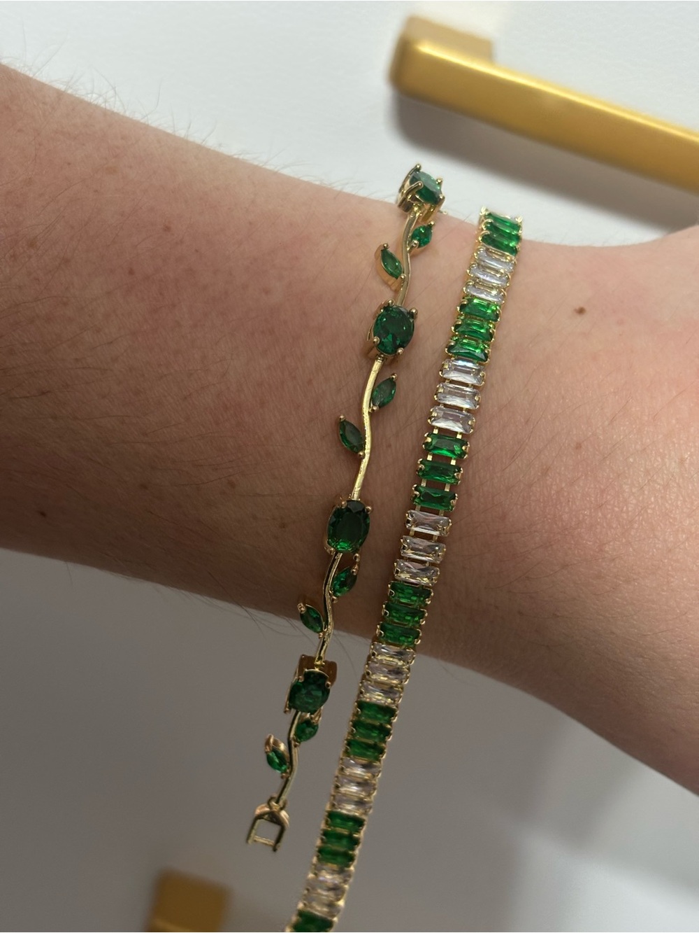 Gold-Plated Emerald Green Leaf & Tennis Bracelet Set